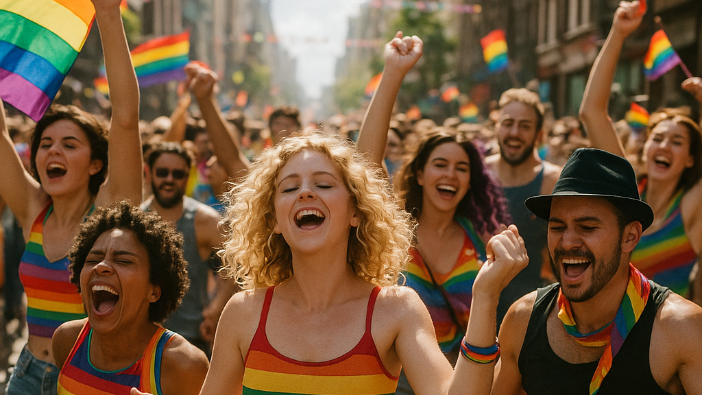 Personas celebrando en un desfile del orgullo con banderas arcoíris y ropa.