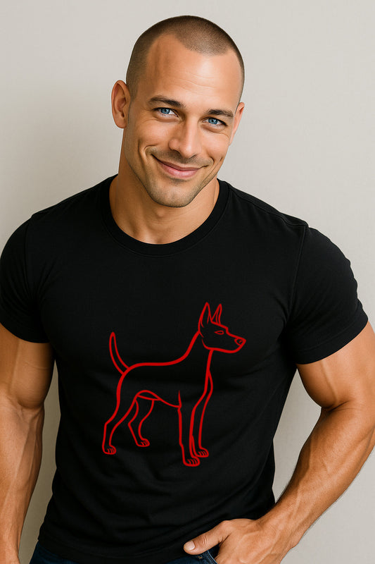Man met een zwart T-shirt met een rode hondenomtrek op een effen achtergrond
