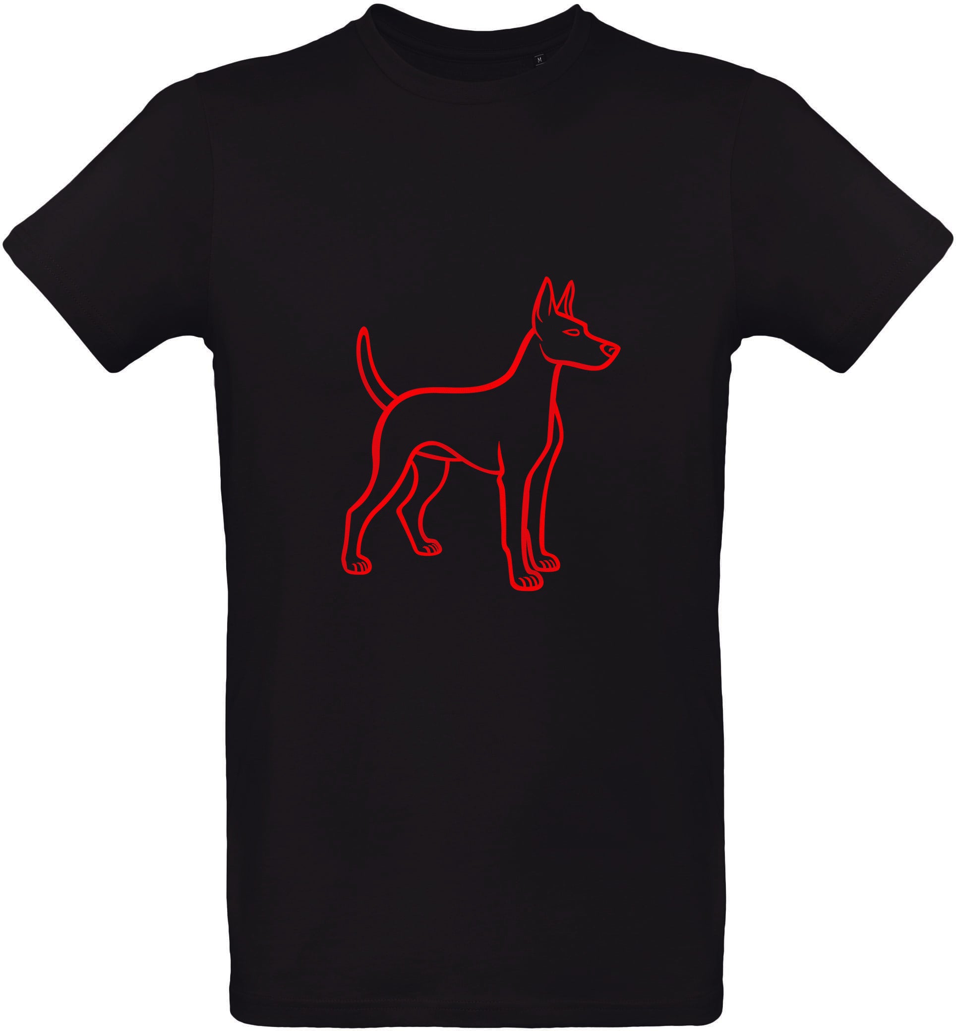 Black t-shirt with a red puppy outline design on a white background