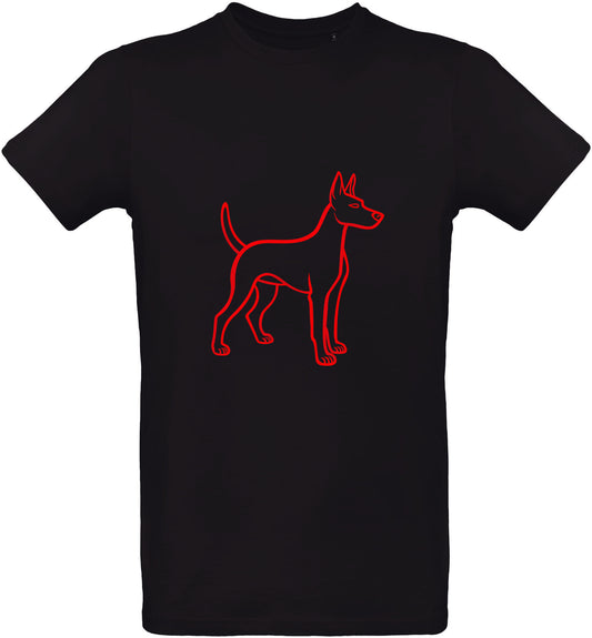 Zwart T-shirt met een rode puppyomtrek op een witte achtergrond